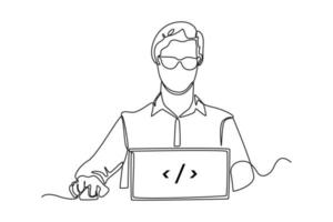 Single one line drawing Programmers or developers make programming language code in front of the laptop. Programming code concept. Continuous line draw design graphic vector illustration.