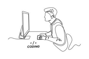 Single one line drawing Programmers or developers make programming language code in front of the computer. Programming code concept. Continuous line draw design graphic vector illustration.