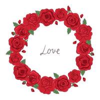 Round frame of red roses isolated on white background. Vector graphics.