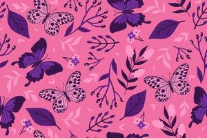 Seamless pattern with butterflies and flowers in violet-pink colors. Vector graphics.