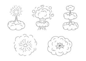 Explosion with cloud of smoke, effect steam, doodle line set. Hand drawn element splash, stepwise and wave cloud from burst. Collection outline sketch. Vector illustration