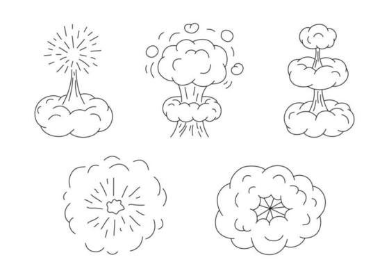Explosion with cloud of smoke, effect steam, doodle line set. Hand drawn element splash, stepwise and wave cloud from burst. Collection outline sketch. Vector illustration