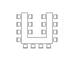 Plan for arranging seats and tables in interior, layout graphic outline elements. Chairs and tables icons in scheme architectural plan. Office and home furniture, top view. Vector line