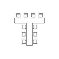 Plan shape T for arranging seats and tables in interior, layout graphic outline elements. Chairs and tables icons in scheme architectural plan. Office and home furniture, top view. Vector line