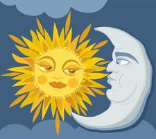 Vector illustration of sun and crescent moon with faces among the clouds.