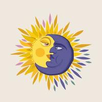 ilustración vectorial del sol y la luna creciente con las caras vueltas cerca unas de otras. vector