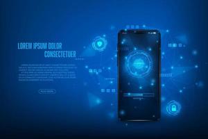 Vector futuristic concept smartphone security fingerprint scanning. Technology abstract blue background.