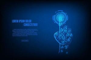 Vector pointing wireframe hand scan fingerprint cyber security concept. Futuristic technology abstract background.