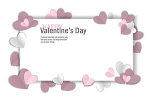 Valentines day background with copy space, vector illustration. 3d, pink, gray, white colors hearts on white background, banner. Valentines day card.