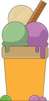 Ilustración de vector de icono de helado con crema de colores y capa. hermoso diseño de helado con 3 cremas de diferentes colores en un recipiente