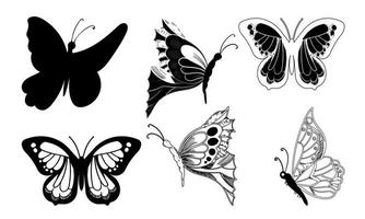 mariposa conjunto gráfico negro blanco aislado dibujo ilustración vector. patrón moderno sin costuras de contornos de mariposa monarca sobre fondo blanco para el diseño de decoración. elemento de diseño de primer plano.