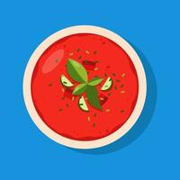 Gazpacho made of raw, blended vegetables. Cold soup on blue background. vector