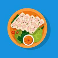 Vietnamese rolled sheets containing prawns. Banh cuon isolated on blue background. vector