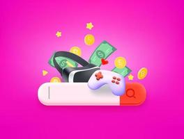 Earn money via video games concept. 3d style vector illustration