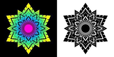 Mandala pattern in applied thai art style. Geometric shapes, hexagram and circles. Set of white, black and gradient colors. Design texture elements for card, cover, poster, wall. Vector illustration.