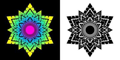 Mandala pattern in applied thai art style. Geometric shapes, hexagram and circles. Set of white, black and gradient colors. Design texture elements for card, cover, poster, wall. Vector illustration.