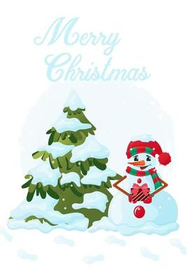 Joyful Snowman near the Christmas tree.Merry Christmas. Vector image.
