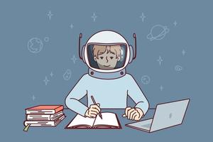 Boy in spacesuit sits at table with laptop and textbooks making notes in workbook. Child astronaut reads stories of conquering space and exploring planets of universe. Flat vector illustration