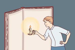 Inquisitive man with candle in hands illuminates pages giant book in effort to gain knowledge. Guy stands near large open textbook studying information for advanced training. Flat vector illustration