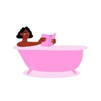 a woman takes a bath and reads a book. vacation. hand drawn vector illustration in flat style