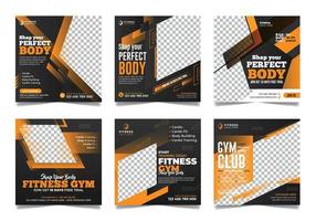 6 Social media post gym fitness banner set workout exercise promotional square template design. vector