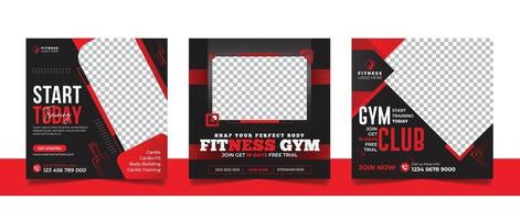Gym fitness social media post banner workout exercise promotional square template design set. vector