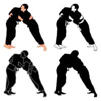 Silhouettes judoist, judoka, fighter in a duel, fight, judo sport, martial art, sport silhouettes pack vector