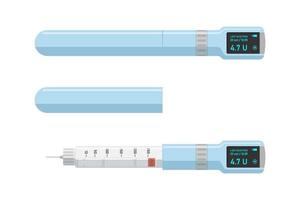 Insulin injection electronic digital pen. Hormone ampoule inside high tech syringe. Diabetes control status screen on modern technology injector. Diabetic patients medical device. Blood glucose care vector