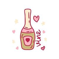 impresión del día de san valentín con linda botella de vid y corazones. vector