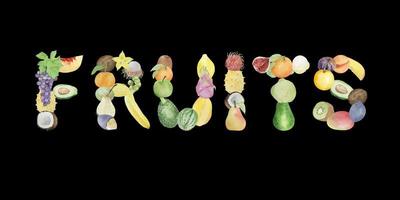 Watercolor background with lettering fruits on black background, flat layout. Concept of healthy eating, food background. Frame of fruits vector