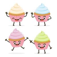 conjunto de lindos personajes de comida de dibujos animados de cupcake aislados en blanco. vector