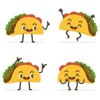 conjunto de lindos personajes de comida de dibujos animados de tacos aislados en blanco. vector