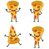 conjunto de lindos personajes de comida de dibujos animados de pizza aislados en blanco. vector