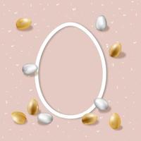 fondo de pascua con decoración de huevos de oro, plantilla de diseño de vista superior con huevos de pascua de plata 3d y marco blanco sobre fondo rosa, composición vectorial plana con espacio de copia para texto vector