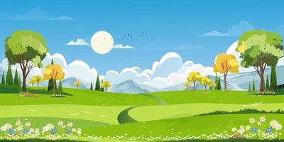 paisaje de campos verdes de primavera con fondo de montaña, cielo azul y nubes, panorama naturaleza rural pacífica en primavera con tierra de hierba verde. ilustración vectorial de dibujos animados para banner de primavera y verano