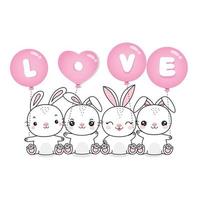 Cute bunny with pink heart balloon for Valentine day. vector