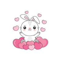 Cute rabbit sit on hearts .Cartoon character design for Valentine's Day. vector