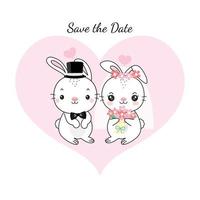 guarde la tarjeta de fecha con la ilustración de vector plano de dibujos animados de novia y novio de conejo.