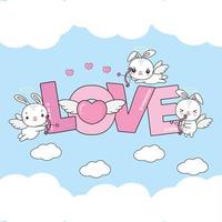 lindos conejitos cupidos vuelan en las nubes con corazón y texto de amor. Ilustración para el diseño del día de san valentín. vector