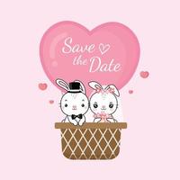 Save the date card with rabbit bride and groom on air balloon cartoon flat vector illustration.