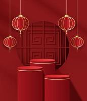 escenario de podio estilo chino para el año nuevo chino y festivales o festival de mediados de otoño con fondo rojo. escenario simulado con linternas festivas y nubes. diseño vectorial vector