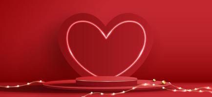 Red podium display background products for valentine day in love platform. stand to show cosmetic with craft style. symbols of love for happy. vector design.