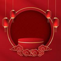 Podium stage chinese style for chinese new year and festivals or mid autumn festival with red background. mock up stage with festive lanterns and clouds. vector design.