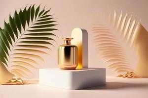 podium with palm shadows. Minimal mockup background for product and cosmetic presentation. 3d rendering photo