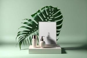 podium with palm shadows. Minimal mockup background for product and cosmetic presentation. 3d rendering photo