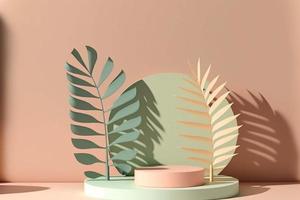 podium circle stage with palm shadows. Minimal mockup background for product presentation. 3d rendering photo