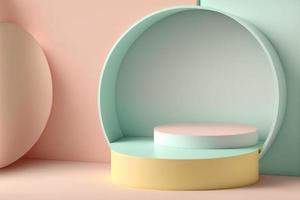 podium circle stage blank and pastel color decoration with woodstyle in 3d realistic rendering, simple minimalist photo