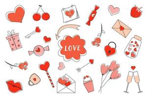 A set of elements for Valentine's Day from lines, arrows, hearts, envelopes, flowers, inscriptions, locks, in the style of doodles vector