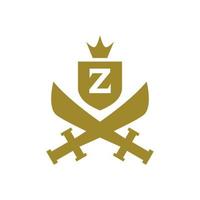 letter Z inside a shield and a sword with a classic medieval style. classic elegant logo template. vector