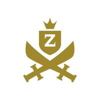 letter Z inside a shield and a sword with a classic medieval style. classic elegant logo template. vector